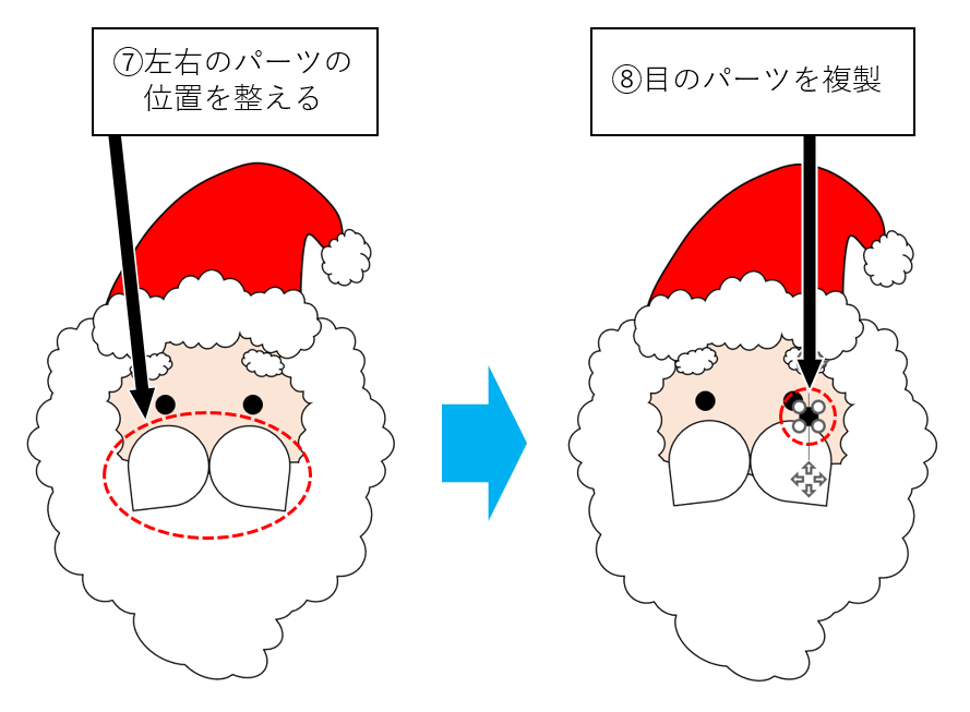 ⑦パーツの位置調整、⑧目のパーツを複製