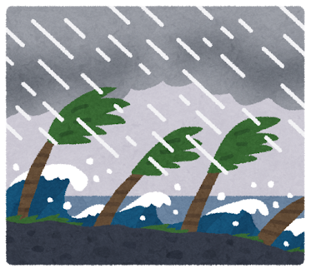 台風で荒れる海と木々のイラスト