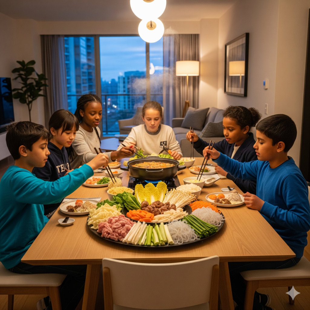 夕方のマンションの一室、テーブルで鍋を囲む子供たちの様子が描かれています。