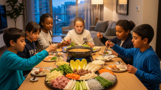 夕方のマンションの一室、テーブルで鍋を囲む子供たちの様子が描かれています。