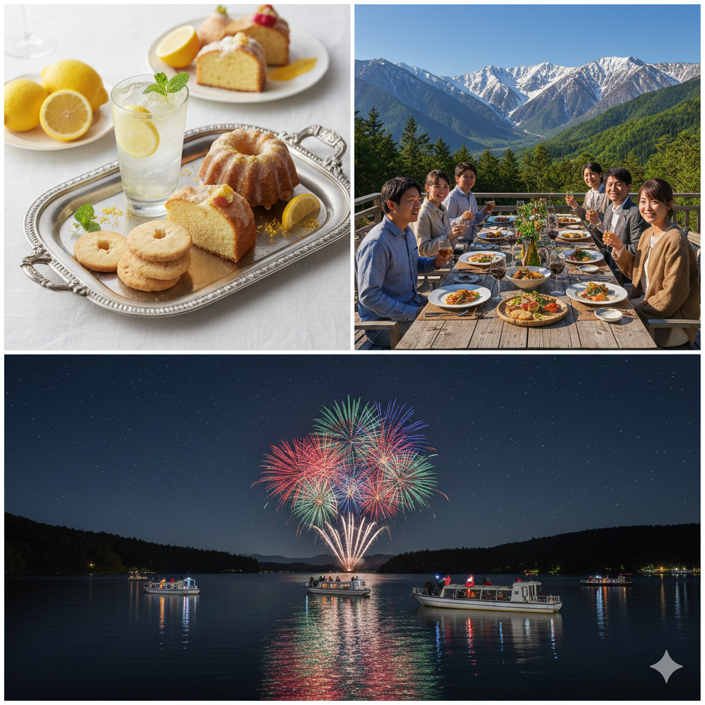 ナイトクルーズでの花火鑑賞、八ヶ岳のふもとで美食会、レモンケーキやレモネードなどのトレーがそれぞれ別に描かれています。